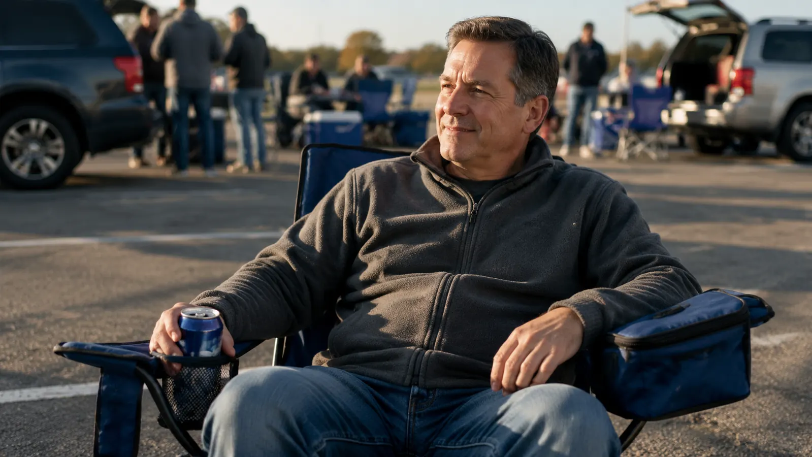 A man in a fleece jacket relaxing in a cushioned camp chair at a tailgate, a can sitting in the cup holder on the arm
