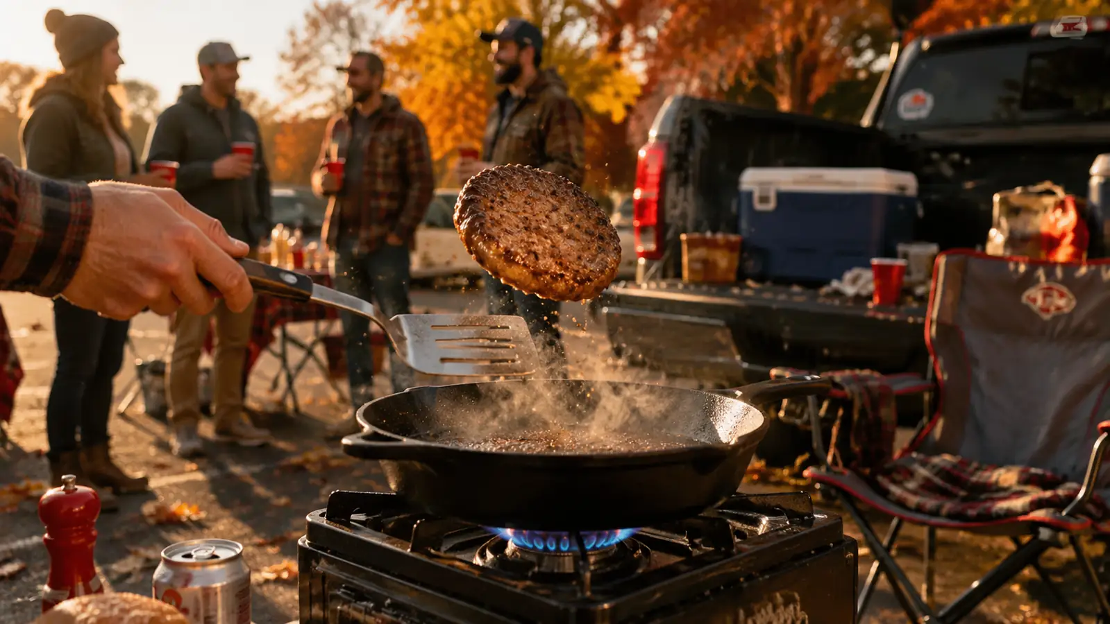 A cast iron skillet with a burger patty being flipped by a spatula on a propane burner next to a pickup truck in a fall tailgate lot.