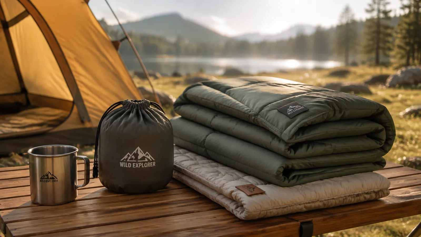 A neat pile of folded camping bedding sits on a camp table with the pillow tucked into its small round carry bag next to a camp mug.