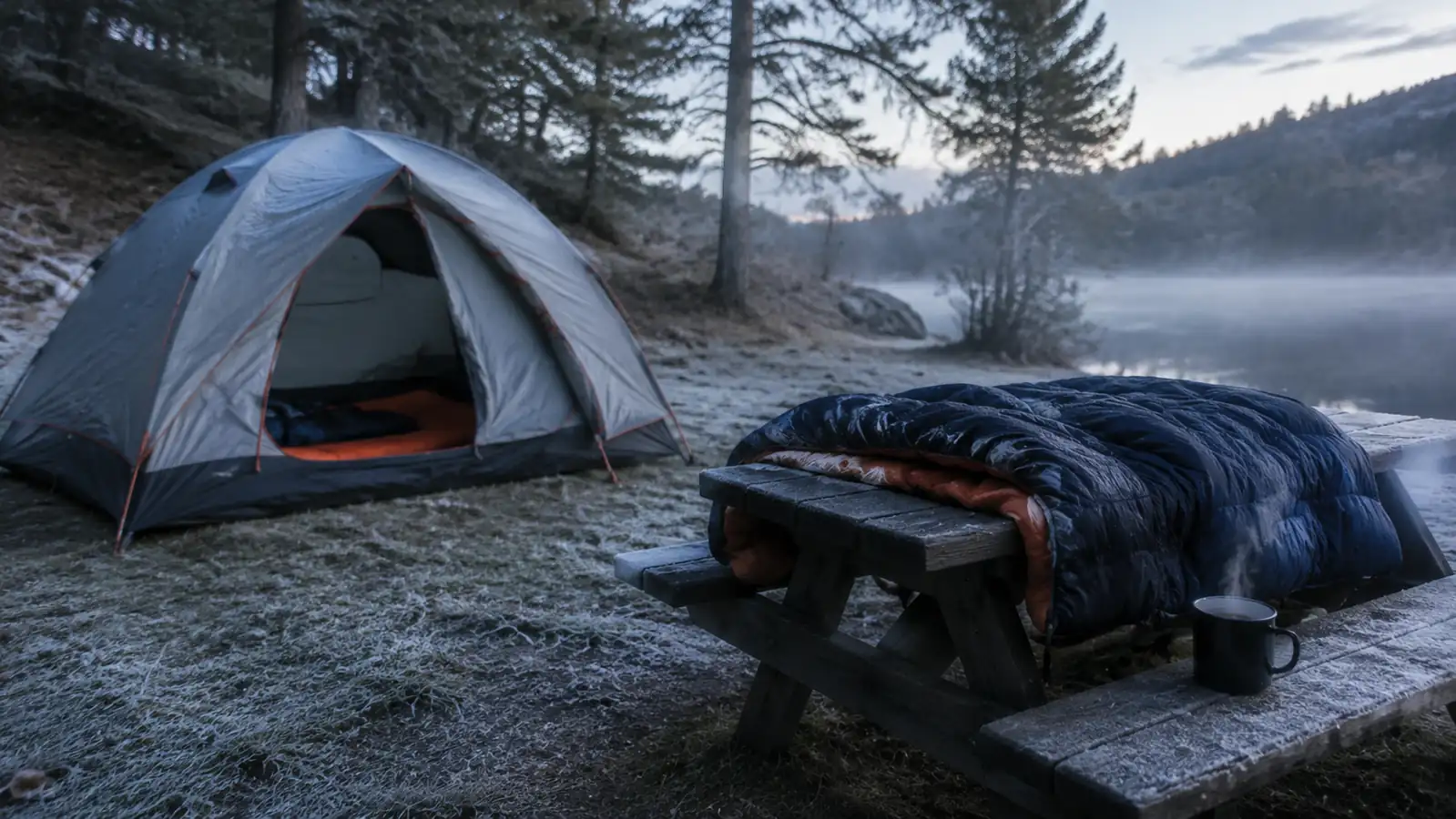 A cold misty campsite in early morning with a tent door unzipped and a sleeping bag airing out over a picnic table