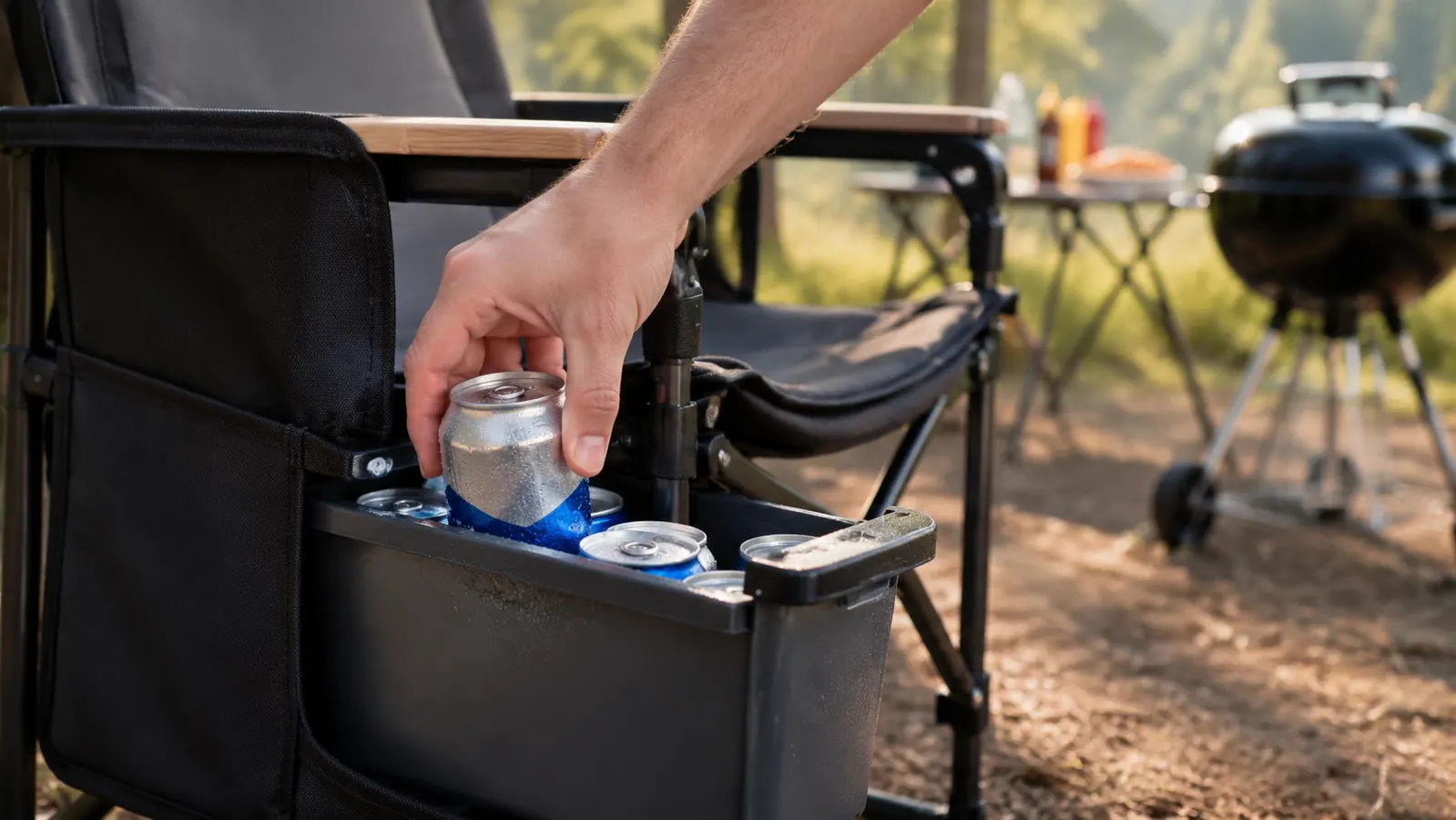 A hand sliding a cold can out of the small cooler drawer built into the armrest of a folding camp chair at a sunny campsite.
