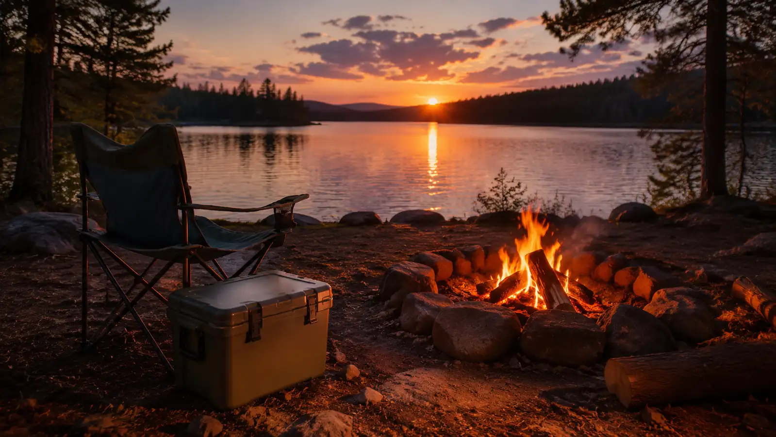 A cooler resting on the ground in the shade near a fire ring at dusk, a folding chair beside it