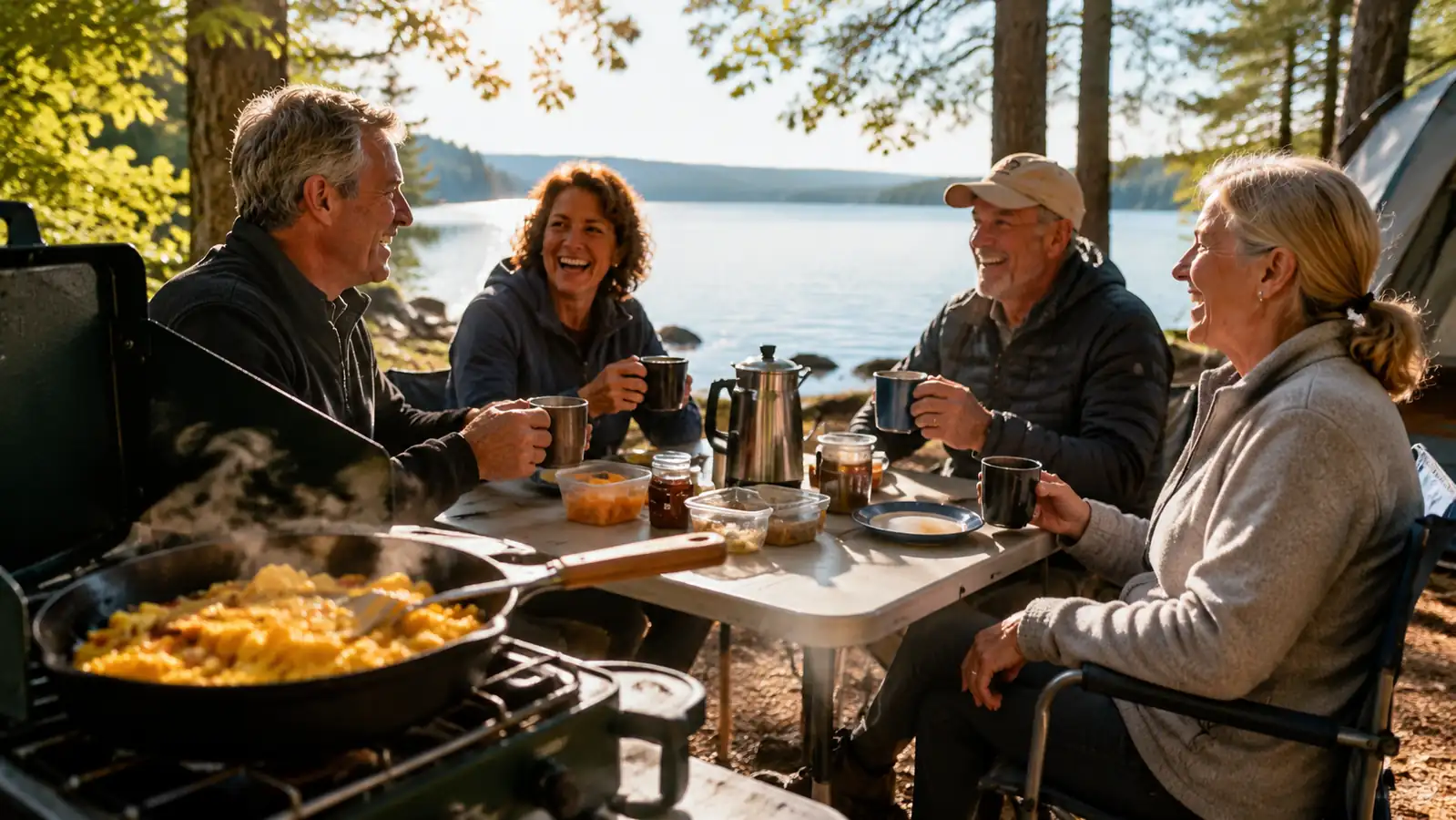 A group of adults laughing around a campsite picnic table at breakfast, a cast iron skillet of eggs steaming on a camp stove in the foreground, coffee cups in hand