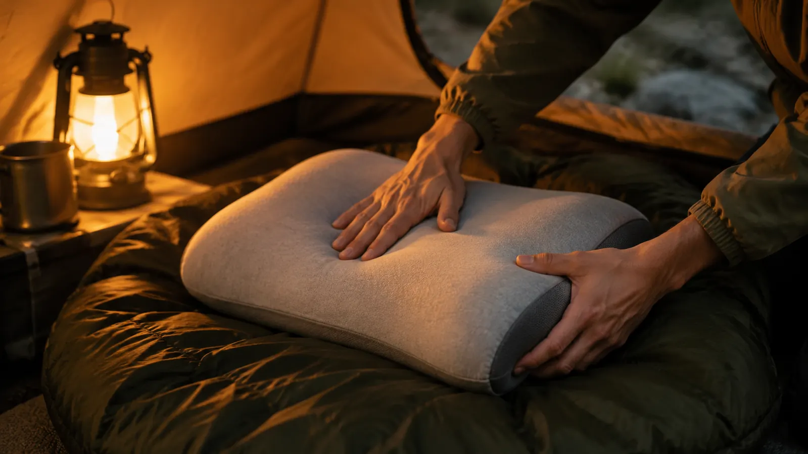 Hands fluffing the memory foam camping pillow into shape on top of a sleeping bag inside a tent