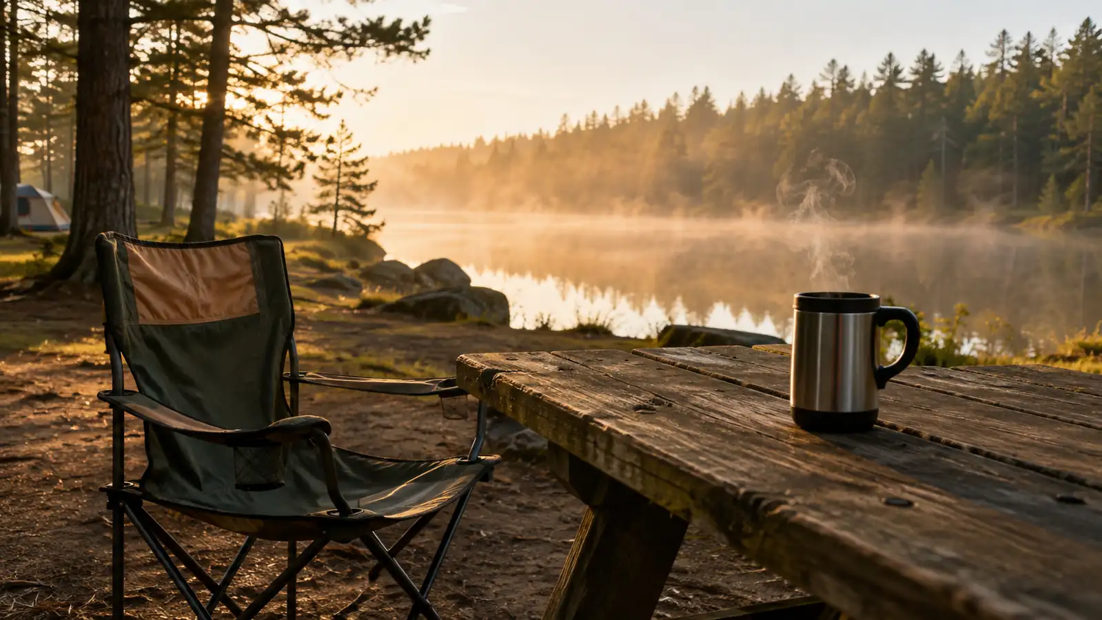 Morning light over a quiet campground with an empty camp chair at a picnic table and a steaming travel mug