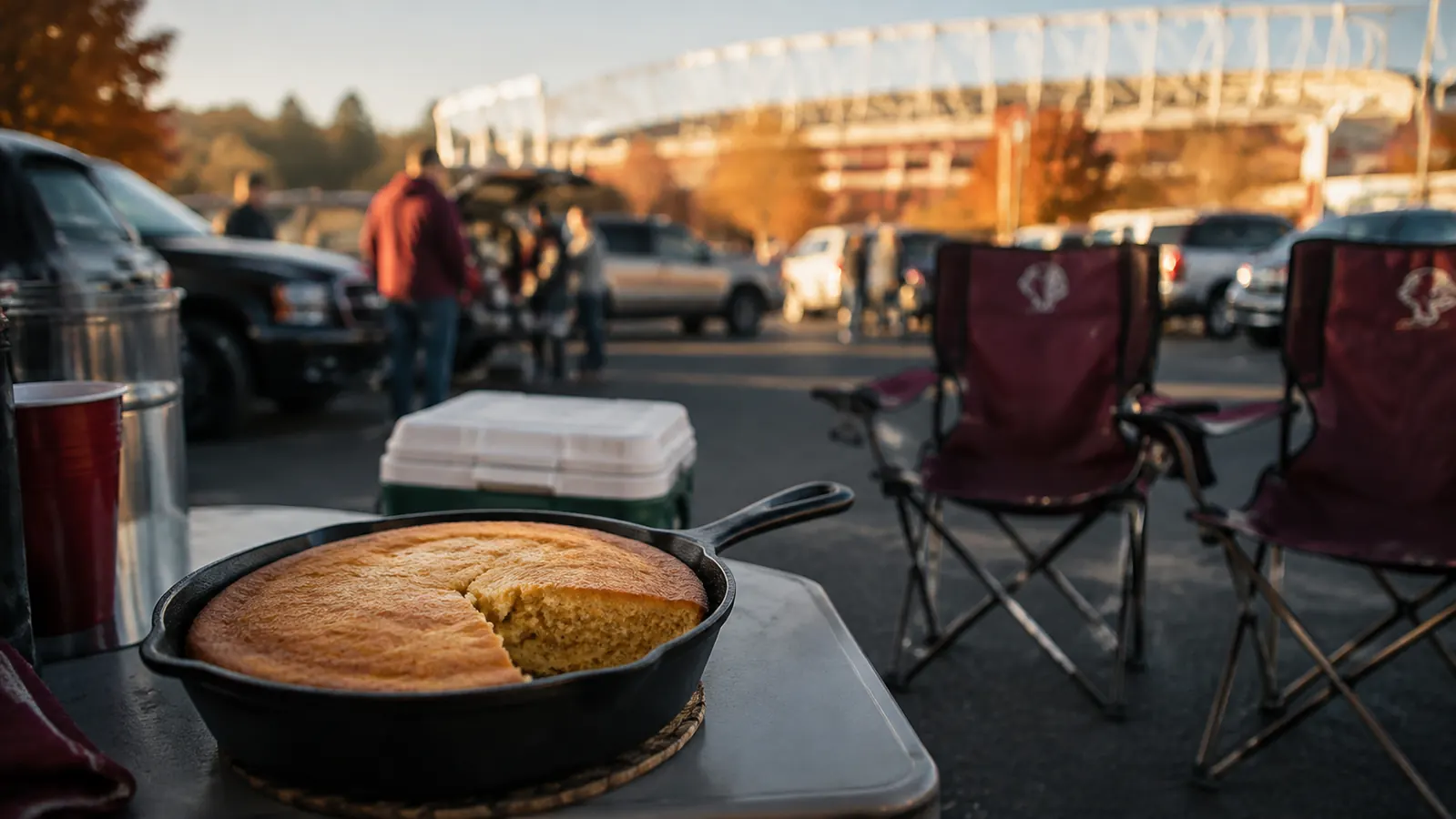 a cast iron skillet holding a slice of cornbread on a folding table at a stadium tailgate lot, a cooler and two camp chairs nearby in late afternoon light