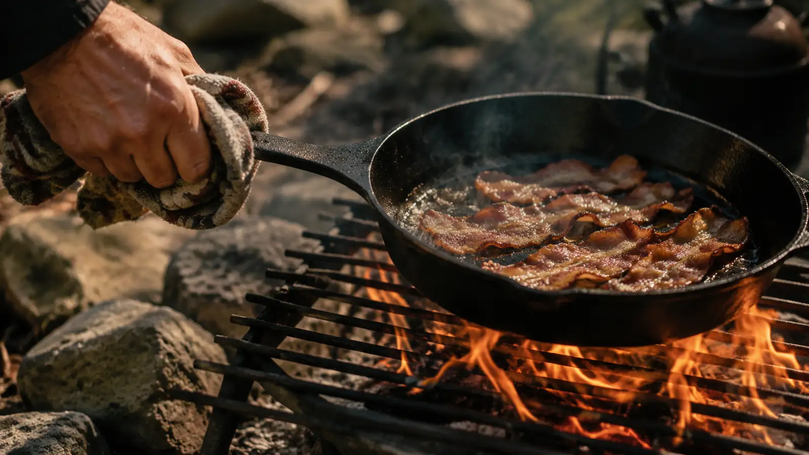 A hand with a folded towel gripping the handle of a cast iron skillet lifted off a campfire grate while bacon sizzles