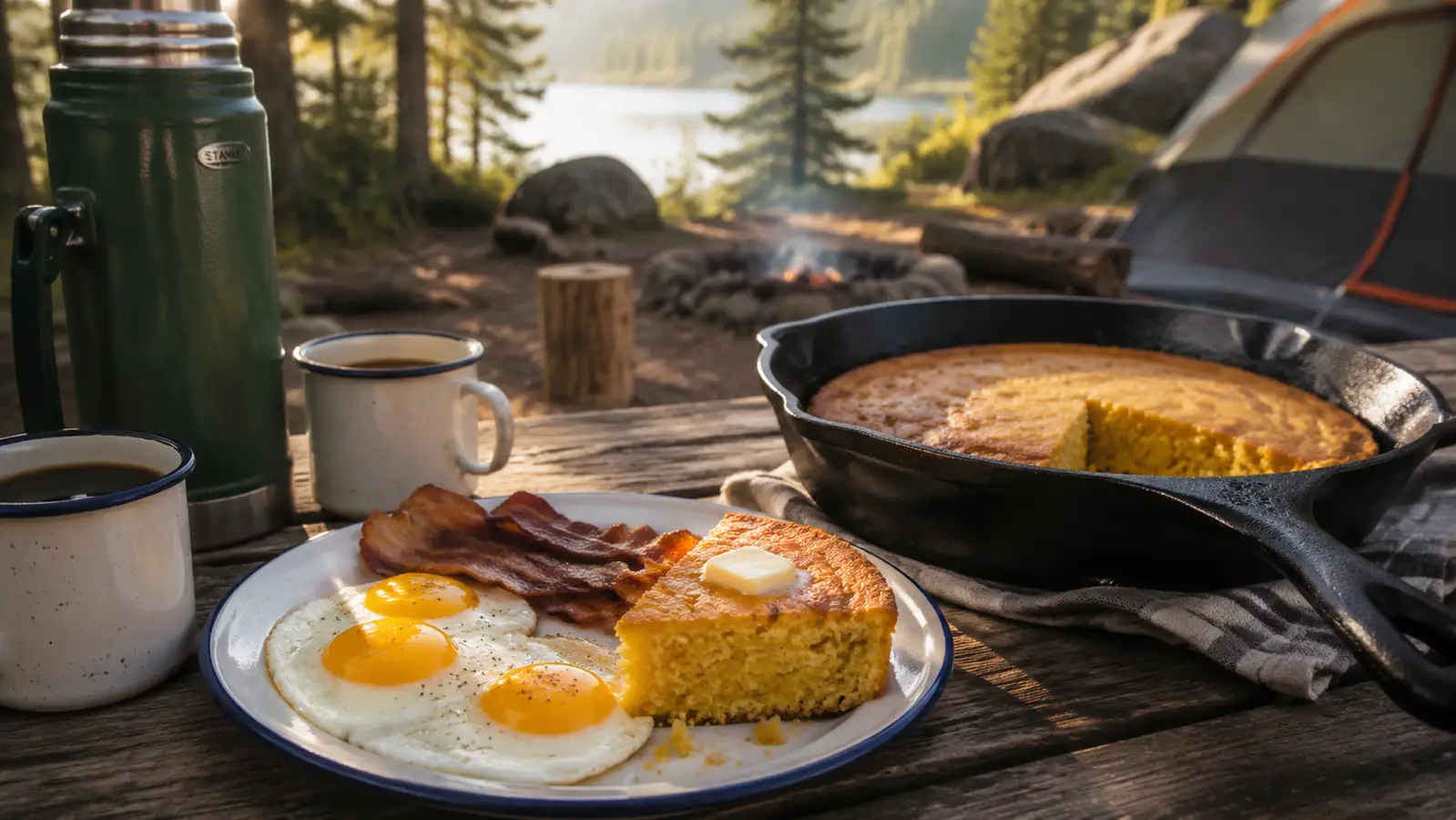 A full camp breakfast of eggs, bacon, and a wedge of cornbread served from a cast iron skillet on a picnic table at a campsite