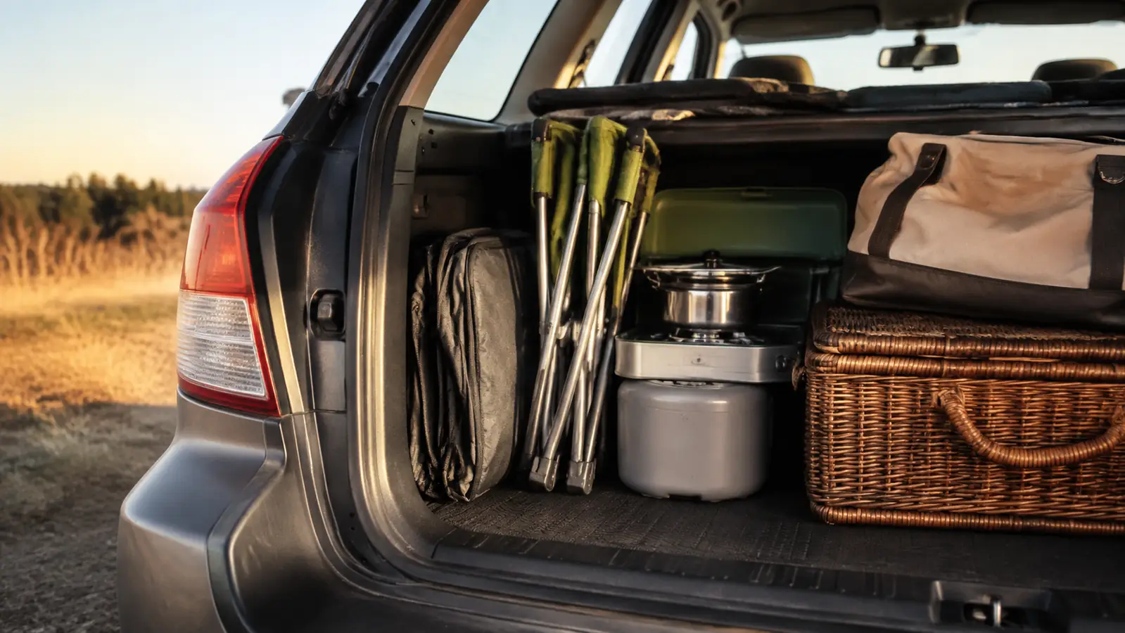 A soft-side cooler tote collapsed flat and tucked into the open trunk of a station wagon, surrounded by a folding chair and a small camp stove, late afternoon light