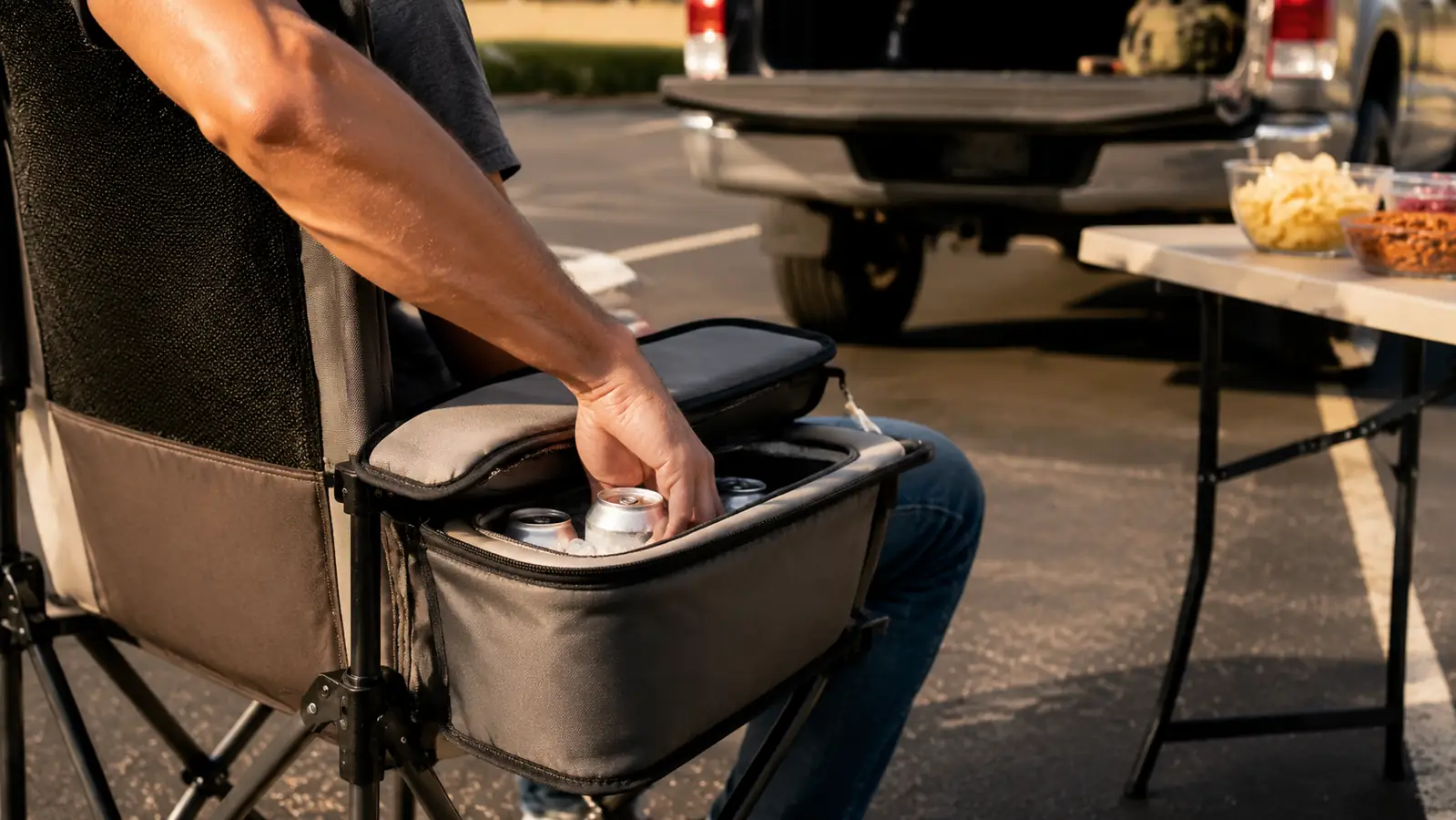 A hand reaching into the open arm cooler of a folding camping chair to pull out a cold drink at a stadium tailgate