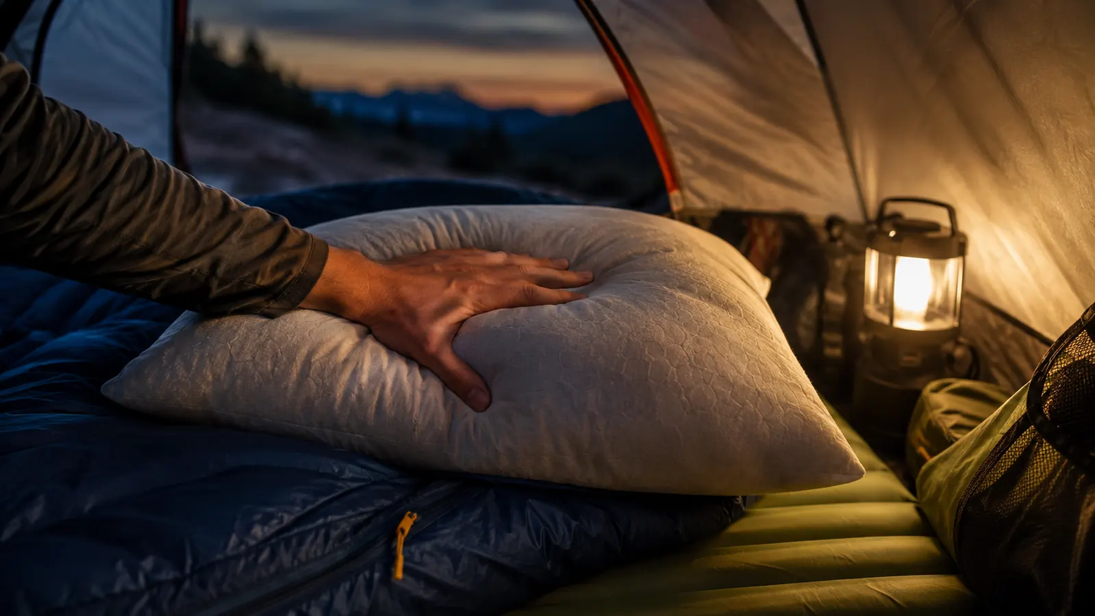 A hand fluffs a compressible foam pillow on a sleeping pad inside a tent before bed, warm lantern light.