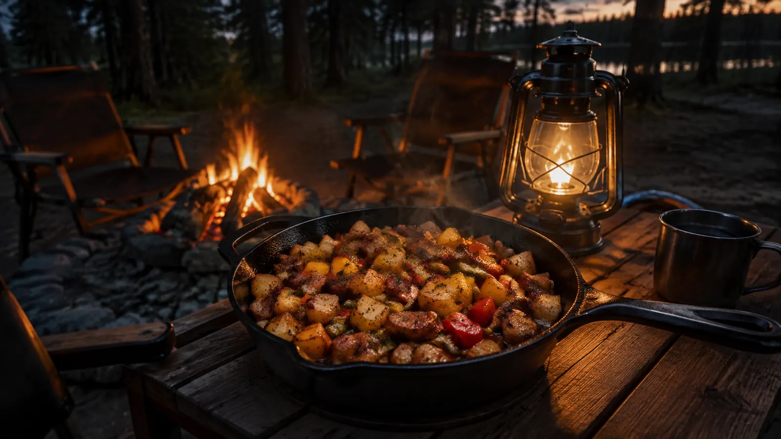 Campfire hash with browned sausage, potatoes, and bell peppers served directly from a cast iron skillet on a wooden camp table at dusk, a lantern beside it.
